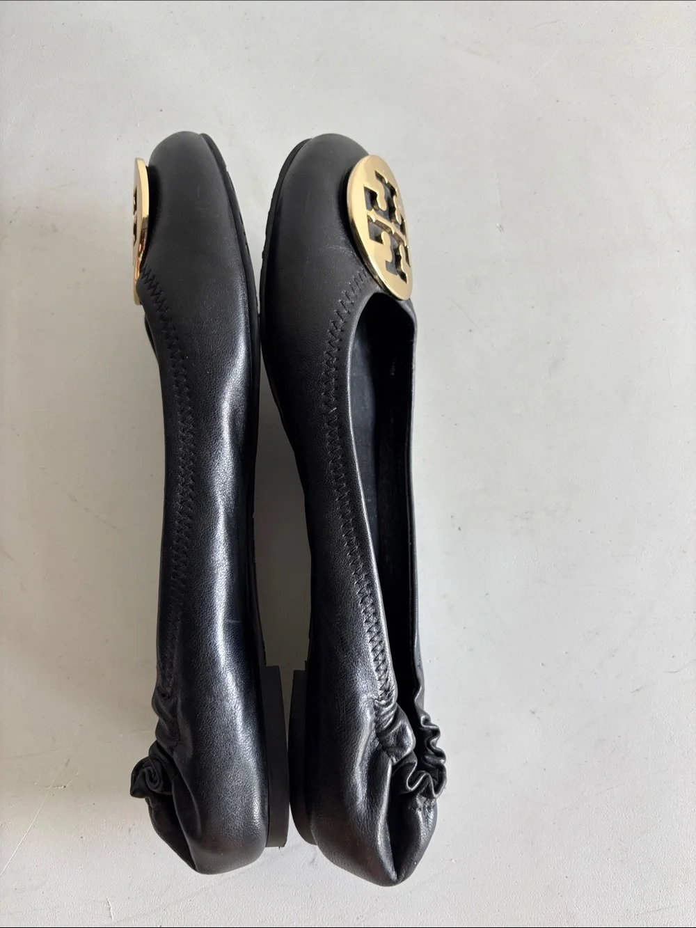 Tory Burch Black Leather Reva Ballet Flats with Gold Logo